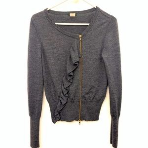J Crew grey ruffles full sleeves cardigan sweater